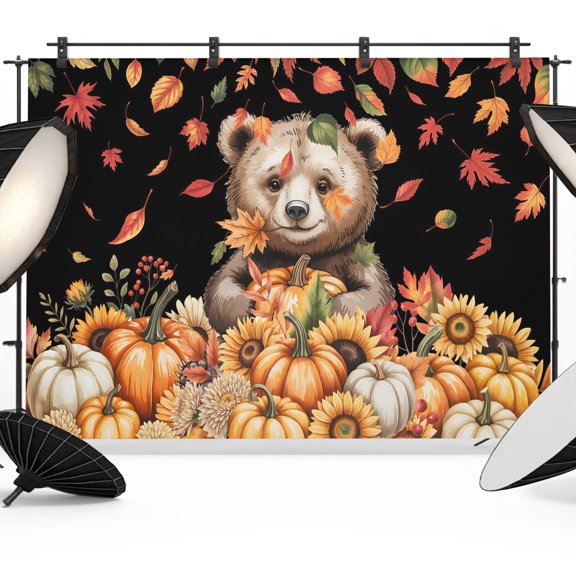 Fall Photo Backdrop 5x7 ft Pumpkin Brown Bear Photography Backdrops Curtains Wall Covering Sunflower Maple Leaves Black Thanksgiving Photo Booth Drapes for Backdrop Wedding Party Birthday Background