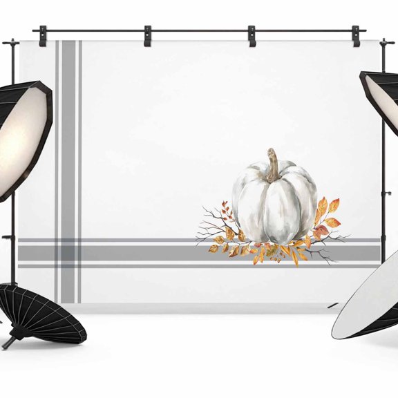 Fall Photo Backdrop 5x7 ft White Pumpkin Photography Backdrops Curtains Wall Covering Autumn Leaf Branch Grey Stripes Thanksgiving Photo Booth Drapes for Backdrop Wedding Party Birthday Background