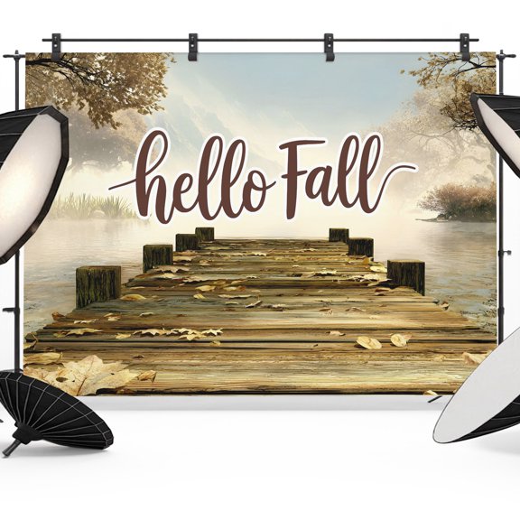 Fall Photo Backdrop 8x10 ft Autumn Lake Forest Photography Backdrops Curtains Wall Covering Pier Bridge Hello Fall Thanksgiving Photo Booth Drapes for Backdrop Wedding Party Birthday Background