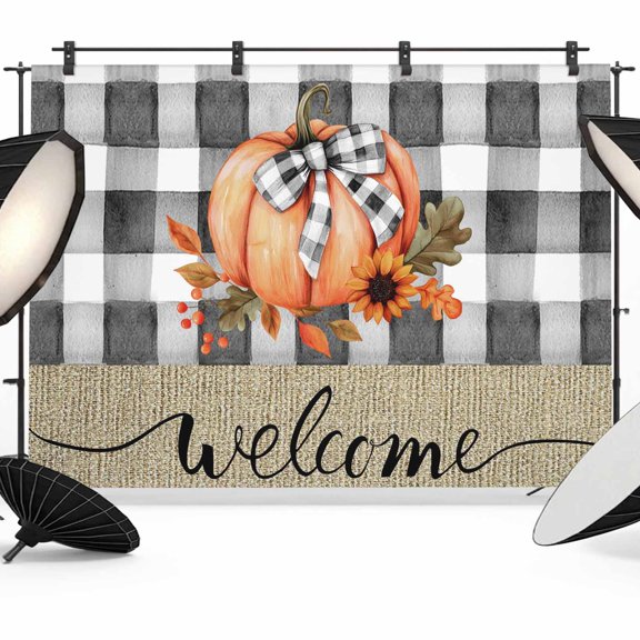 Fall Photo Backdrop 8x10 ft Bow Orange Pumpkin Photography Backdrops Curtains Sunflower Black Buffalo Plaid Linen Welcome Thanksgiving Photo Booth Drapes for BackdropParty Birthday Background