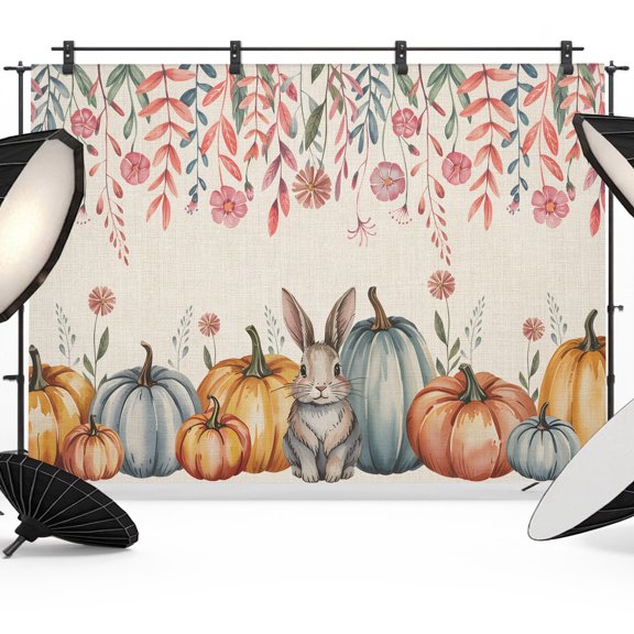Fall Photo Backdrop 8x10 ft Rabbit Pumpkin Photography Backdrops Curtains Wall Covering Pink Floral Leaves Linen Thanksgiving Photo Booth Drapes for Backdrop Wedding Party Birthday Background
