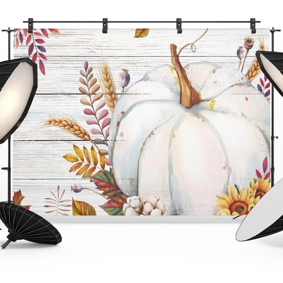 Fall Photo Backdrop 8x10 ft White Pumpkin Photography Backdrops Curtains Harvest Cotton Leaves Wheat Ears Wood Thanksgiving Photo Booth Drapes for Backdrop Wedding Party Birthday Background