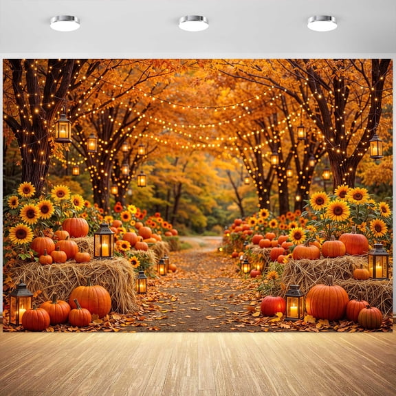 Fall Photo Backdrop - Autumn Forest Harvest Farm Photograph Background with Pumpkins, Sunflowers & Maple Leaves for Thanksgiving Friendsgiving Party Decorations 8X6ft