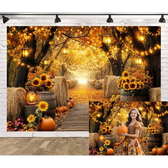 Fall Photo Backdrop, Autumn Forest Scenery Maple Leaves Pumpkins Sunflowers Photography Background, Fall Farm Harvest Thanksgiving Day Friendsgiving Party Decorations Photo Booth,10X8ft