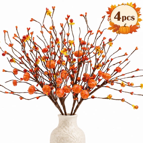 Fall Flowers for Vase Pumpkin Décor for Home Table Centerpiece Decoration Fake Thanksgiving Floral Stems Autumn Picks Wedding Arrangement 4Pcs Design 6