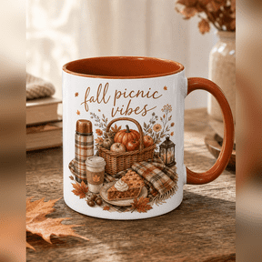 Fall Picnic Ceramic Coffee Mug with Burnt Orange Rim and Handle