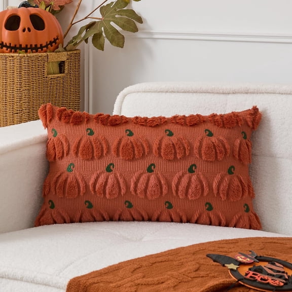 Fall Pillow Cover 12 x 20 Inch Set of 1 Pumpkin Pattern Embroidery Decorative Rectangular Lumbar Cushion Autumn Soft Plush Faux Wool Pillows for Home Couch Sofa Bedroom Chair, Rust
