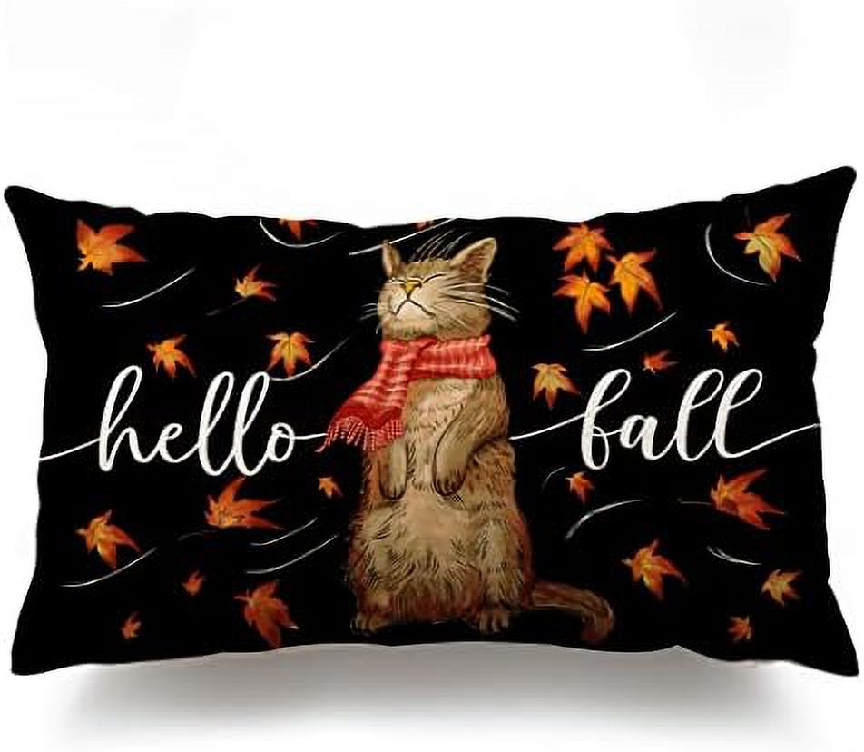 Fall Pillow Cover 12x20 inch Cute Cat Maple Leaves Lumbar Pillow Cover