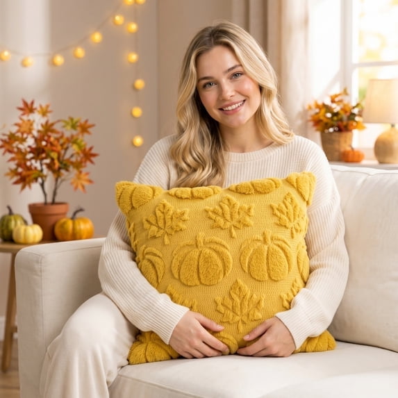 Fall Pillow Cover, 18X18 Inch Yellow Plush Embossed Pumpkin Maple Leaf Throw Pillow Cushion Case, for Fall Home Decor Indoor, Halloween Party, Couch Sofa Use, No Insert Included,