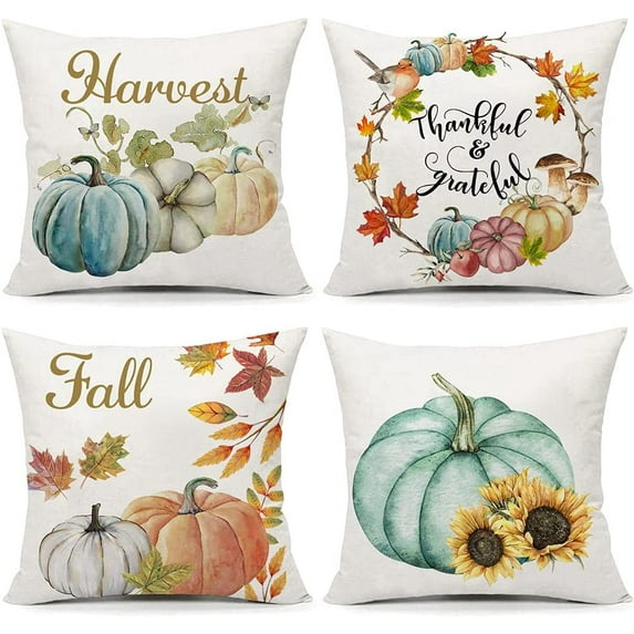 Fall Pillow Cover 18x18 Set of 4 Pumpkin Autumn Harvest Watercolor Bird Flower Farmhouse Throw Pillow Cases for Couch Sofa Sunflower Leaf Thanksgiving Outdoor Cushion Cases Home Decor
