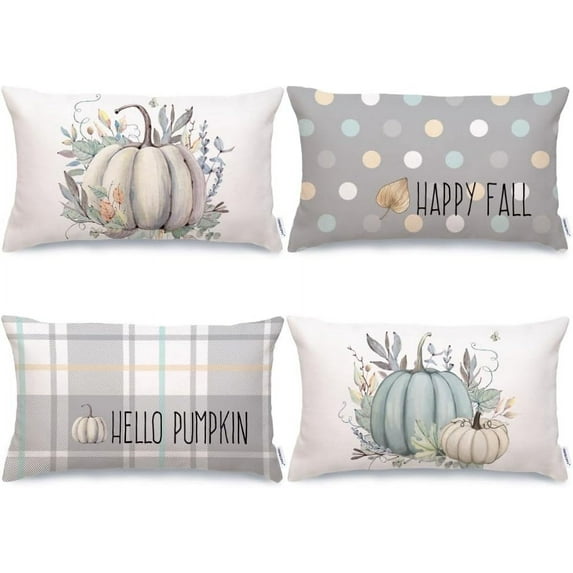 Fall Pillow Covers 12 x 20 Inch Set of 4, Striped Buffalo Plaid Polka Dots Pumpkins Leaves Decorative Farmhouse Throw Cushion Cases Indoor Decoration Home Decor for Sofa Couch (Beige) G384-12