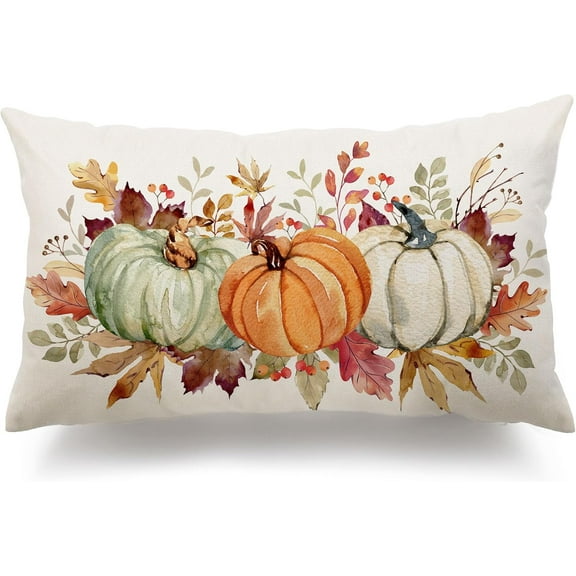 Fall Pillow Covers 12x20 Inch Fall Thanksgiving Orange White Green Pumpkin Maple Leaf Lumbar Pillow Covers Polyester Fall Decoration for Home Couch