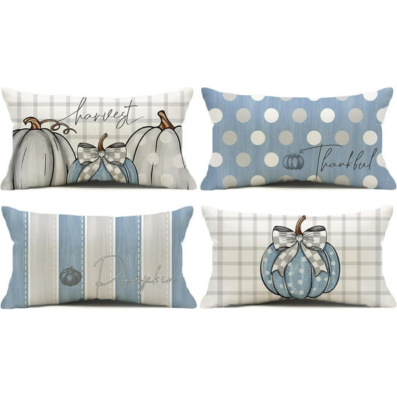 Fall Pillow Covers 12x20 Inch Set of 4 Stripes Polka Dots Buffalo Plaid Pumpkin Pillows Decorative Autumn Thanksgiving Harvest Thankful Throw Pillows Cushion Case Fall Decor F057-Blue 12