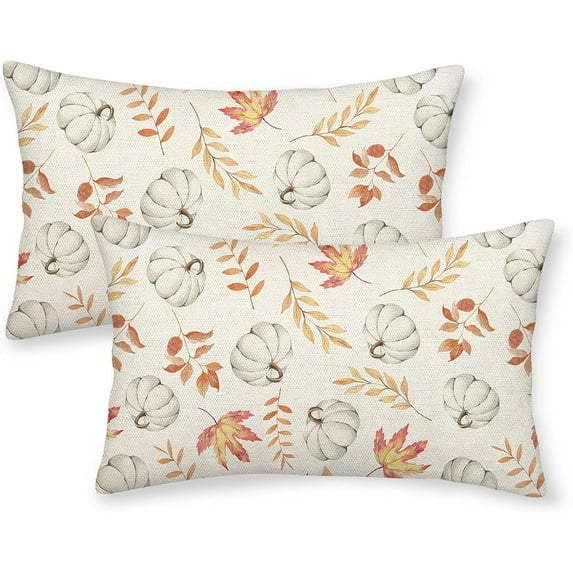 Fall Pillow Covers 12x20 Set of 2 Pumpkin and Maple Leaf Fall Decor Pillowcase Linen Autumn Thanksgiving Decorative Outdoor Throw Pillow Covers Warm Tones Farmhouse Cushion Case for Couch Home