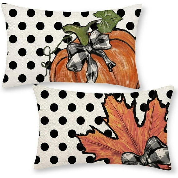 Fall Pillow Covers 12x20 Set of 2 Pumpkin Maple Leaves and Polka Dot Fall Decor Pillowcase Autumn Thanksgiving Decorative Outdoor Throw Pillow Covers Linen Farmhouse Cushion Case for Sofa Home