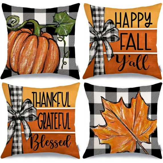 Fall Pillow Covers 16 x 16 Inch Set of 4, Buffalo Bowknot Pumpkin Maple Leaf Decorative Throw Cushion Cases Farmhouse Thanksgiving Decor Indoor Decoration for Home Sofa Couch (Orange) 392-16