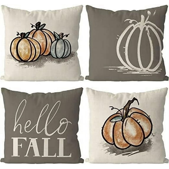 Fall Pillow Covers 16x16 Inch Pumpkins Grey Autumn Harvest Hello Fall Throw Pillowcase Holiday Home Decor Sofa Bedroom Cushion Case Outdoor Indoor Decorations Set of 4
