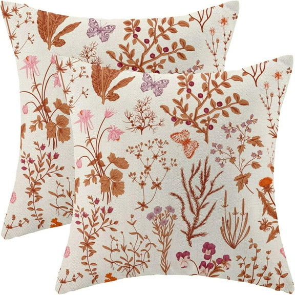 Fall Pillow Covers 16x16 Inch Set of 2,Burnt Orange Wild Flower Plant Throw Pillows Case,Autumn Colored Floral Outdoor Decorative Linen Farmhouse Decor Cushion Covers for Home Sofa Bed Couch