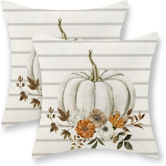 Fall Pillow Covers 16x16 Inch Set of 2 Watercolor Pumpkin Throw Pillows Case,Gray Stripes Autumn Flower Decorative Linen Farmhouse Harvest Decor Cushion Covers for Home Sofa Bed Couch