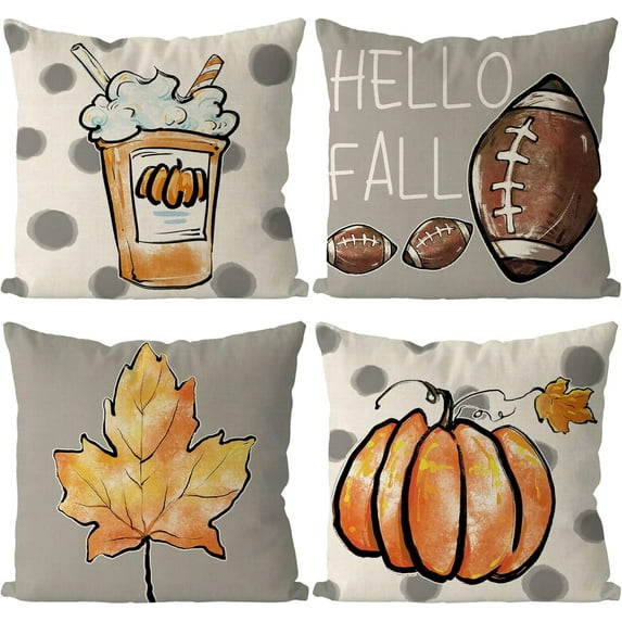Fall Pillow Covers 16x16 Inch Set of 4 Fall Football Pumpkin Maple Leaf Throw Pillowcase Holiday Home Decor Sofa Bedroom Cushion Case Outdoor Indoor Decorations