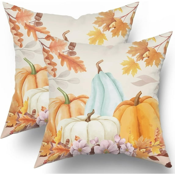 Fall Pillow Covers 16x16 Set of 2 Autumn Teal Orange White Pumpkin Fallen Leaves Floral Print Throw Pillows Thanksgiving Decorative Pillowcase Cotton Square Cushion Cover for Couch Sofa Bed