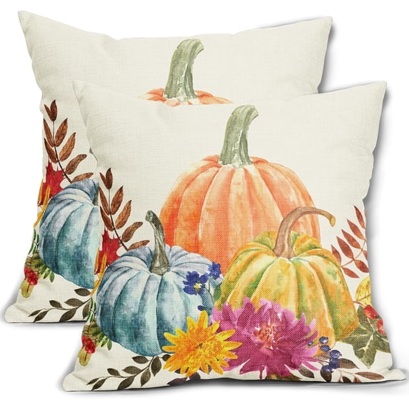 Fall Pillow Covers 16x16 Set of 2 Autumn Teal Yellow Orange Pumpkin Flower Leaf Throw Pillows Thanksgiving Outdoor Decorative Case Linen Cushion Farmhouse Decor for Home Couch Sofa Bed