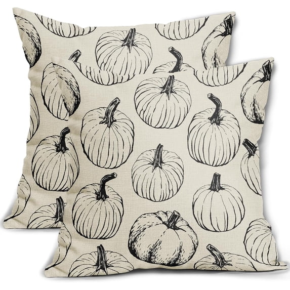 Fall Pillow Covers 16x16 Set of 2 Balck Pumpkin Autumn Themed Thanksgiving Harvest Print Decorative Throw Pillows Outdoor Pillowcase Farmhouse Linen Cushion Case Decor for Sofa Couch Bed