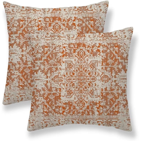 Fall Pillow Covers 16x16 Set of 2, Burnt Orange Boho Decorative Throw Pillows Ethnic Vintage Farmhouse Bohemian Carpet Pattern Pillow Cases Linen Gifts for Couch Sofa Outdoor Decor