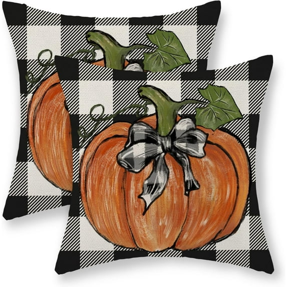 Fall Pillow Covers 16x16 Set of 2 Pumpkin Maple Leaves and Buffalo Plaid Fall Decor Pillowcase Linen Autumn Thanksgiving Decorative Outdoor Throw Pillow Covers Farmhouse Cushion Case for Couch