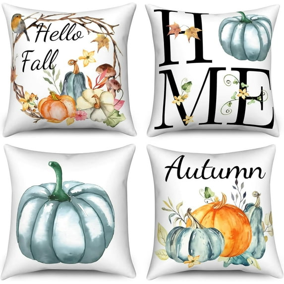 Fall Pillow Covers 16x16 Set of 4,Autumn Pumpkin Throw Farmhouse Harvest Pillowcase Thanksgiving Outdoor Decorative Cushion Case for Home Living Room,Blue Pumpkin (Blue pumpkin16inx16in)