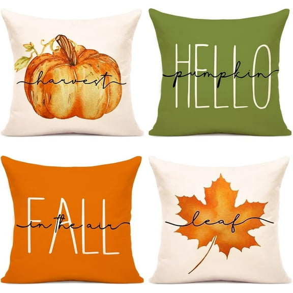 Fall Pillow Covers 16x16 Set of 4 for Fall Decor Pumpkin Maple Leaf Farmhouse Fall Pillows Decorative Pillow Covers for Fall Home Decor Outdoor Pillows Linen Fabric PillowCase for Couch Bed(Green)