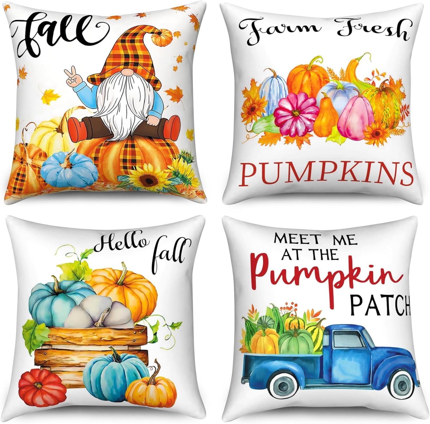 Fall Pillow Covers 16x16 Set of 4, Pumpkin Gnome Throw Pillow Covers