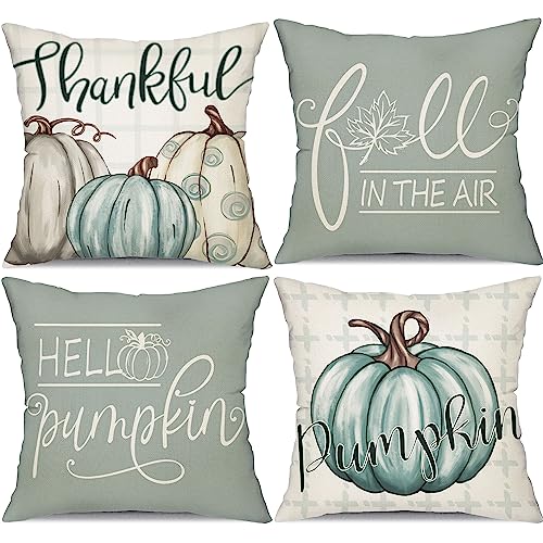 Fall Pillow Covers 16x16 inch Set of 4 Buffalo Plaid Fall Blue Pumpkin