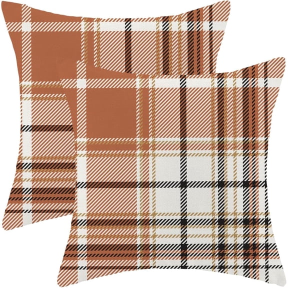 Fall Pillow Covers 18 x 18 Inch Set of 2 Autumn Orange Buffalo Plaid Throw Pillows Outdoor Decorative Harvest Thanksgiving Pillowcases Linen Cushion Cases for Farmhouse Home Bed Sofa Couch