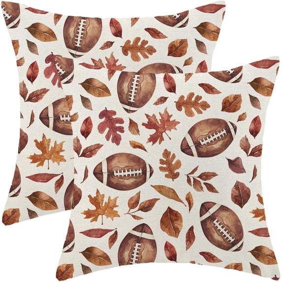 Fall Pillow Covers 18 x 18 Inch Set of 2 Brown Football Throw Pillows Outdoor Decorative Thanksgiving Autumn Maple Leaves Pillowcases Linen Cushion Cases for Farmhouse Home Bed Sofa Couch