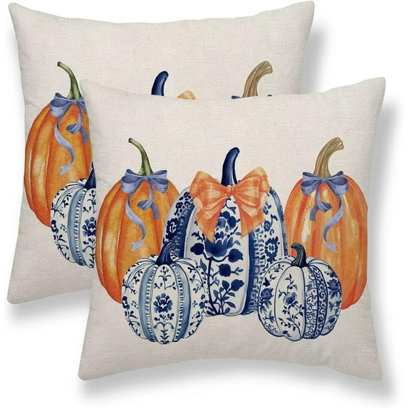 Fall Pillow Covers 18 x 18 Inch Set of 2, Chinoiserie Blue and Orange Pumpkin Decorative Throw Pillow Covers Outdoor Farmhouse Autumn Thanksgiving Pillowcase Linen for Home Couch Sofa