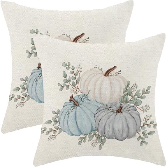 Fall Pillow Covers 18 x 18 Inch Set of 2 Watercolor White Blue Pumpkin Throw Pillows Decorative Outdoor Fall Thanksgiving Leaves Autumn Pillowcases Linen Cushion Cases for Home Bed Sofa Couch