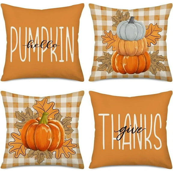 Fall Pillow Covers 18 x 18 Inch Set of 4, Hello Pumpkin Give Thanks Throw Pillow Covers Orange White Buffalo Plaid Autumn Thanksgiving Decorations Outdoor Farmhouse Cushion Case for Couch