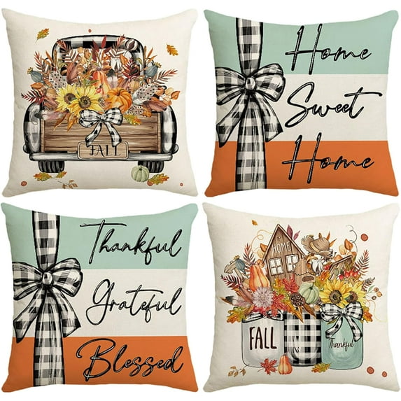 Fall Pillow Covers 18 x 18 Inch Set of 4, Pumpkin Home Sweet Home Thankful Grateful Blessed Harvest Floral Decorations Autumn Seasonal Pillow Case Decor for Sofa Couch