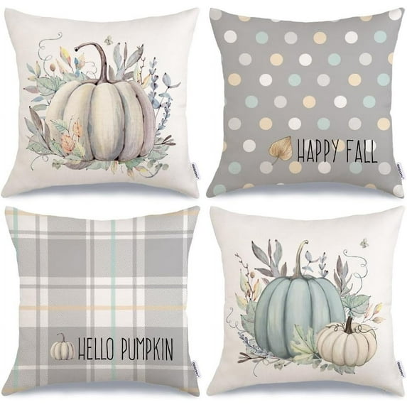 Fall Pillow Covers 18 x 18 Inch Set of 4, Striped Buffalo Plaid Polka Dots Pumpkins Leaves Decorative Farmhouse Throw Cushion Cases Indoor Decoration Home Decor for Sofa Couch (Grey)