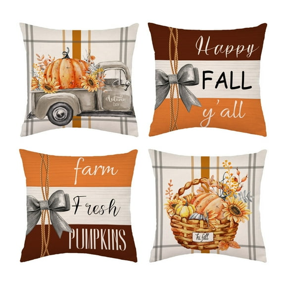 Fall Pillow Covers 18 x 18 Inch Set of 4, Happy Fall Y'all Stripes Pumpkins Thanksgiving Decor, Cushion Cases for Farmhouse Home Party Sofa Couch