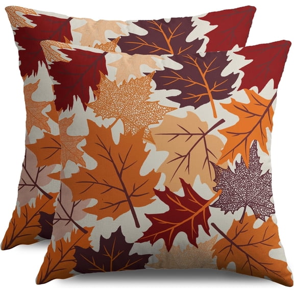 Fall Pillow Covers 18X18 Set of 2, Maple Leaf Autumn Colored Burnt Orange Leaves Harvest Thanksgiving Throw Pillowcases Holiday Theme Seasonal Outdoor Farmhouse Cushion Cases Couch Sofa Bed Decor