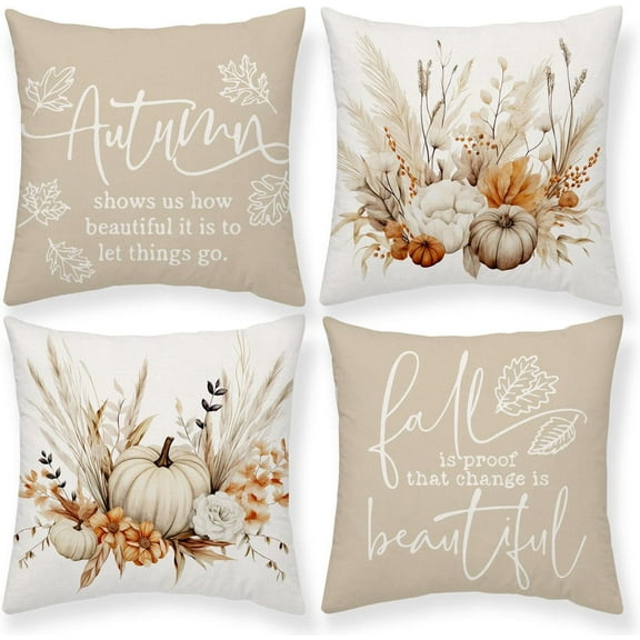 Fall Pillow Covers 18x18 Autumn Watercolor Pumpkin Wheat 18x18 Harvest Cushion Case Thankful Grateful Farmhouse Decorations for Couch Sofa Set of 4