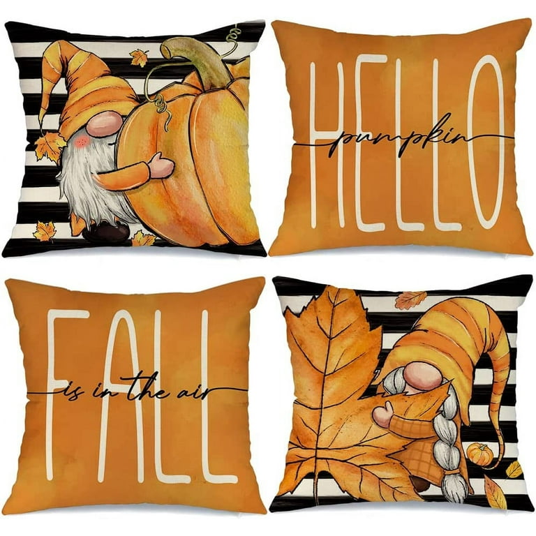 Fall Pillow Covers 18x18 Goodwill Set of 4 for Fall Decor Stripes Pumpkin and Maple Leaves Gnones Outdoor Fall Pillows Decorative Throw Pillows