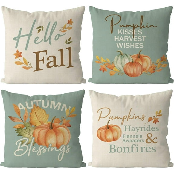 Fall Pillow Covers 18x18 Inch Blue Pumpkins Harvest Autumn Blessings Hayrides Throw Pillows Set of 4 Hello Fall Cushion Cover Pillowcase for Sofa Couch Holiday Home Decor