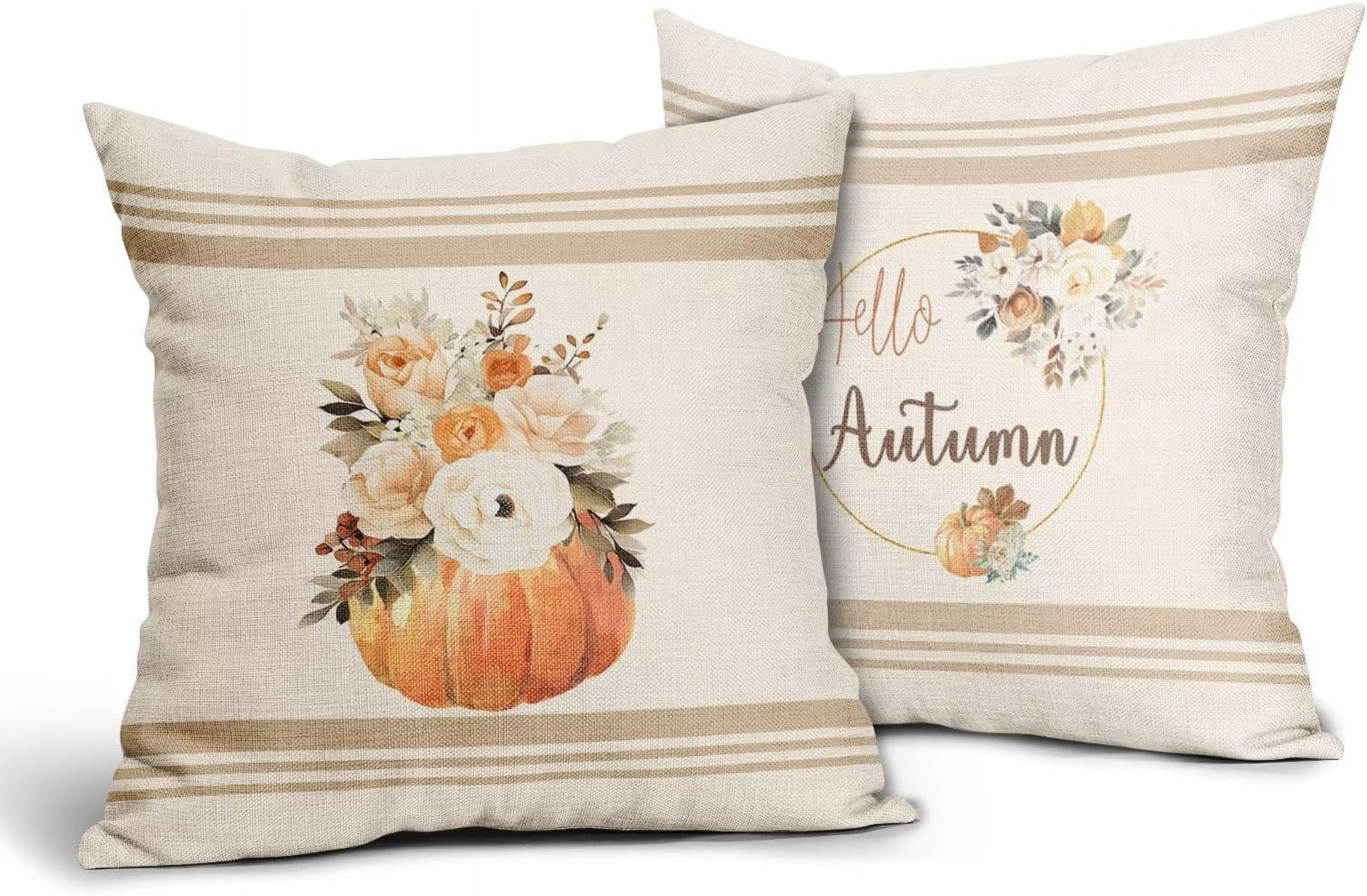 Watercolor Pumpkin Fall Throw Pillow Cover - 18x18 Inch Cotton Linen, Harvest Blessing Design