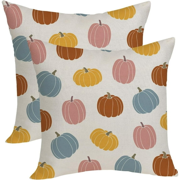 Fall Pillow Covers 18x18 Inch Pack of 2 Blue Pink Orange Yellow Pumpkin Throw Pillow Covers Fall Thanksgiving Decor Colorful Pillowcase Autumn Farmhouse Decorations Cushion Case for Sofa Couch