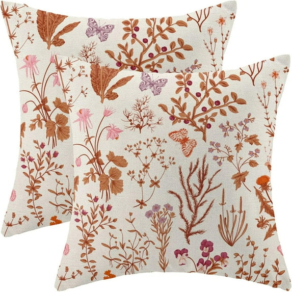 Fall Pillow Covers 18x18 Inch Set of 2,Burnt Orange Wild Flower Plant Throw Pillows Case,Autumn Colored Floral Outdoor Decorative Linen Farmhouse Decor Cushion Covers for Home Sofa Bed Couch