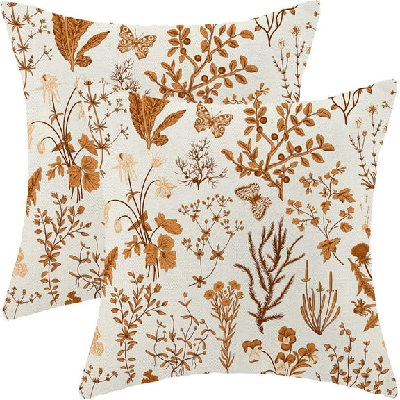 Fall Pillow Covers 18x18 Inch Set of 2,Burnt Orange Wild Flower Plant Throw Pillows Case,Seasonal Floral Outdoor Decorative Square Farmhouse Decor Cushion Covers for Home Sofa Bed Couch