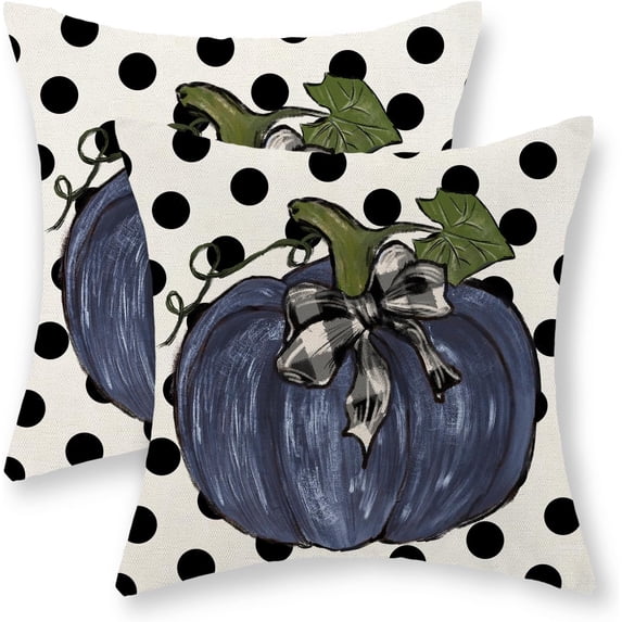 Fall Pillow Covers 18x18 Inch Set of 2 Dark Blue Pumpkin Polka Dot Fall Decor Pillowcase Autumn Thanksgiving Decorative Outdoor Throw Pillow Covers Linen Farmhouse Cushion Case for Couch Home